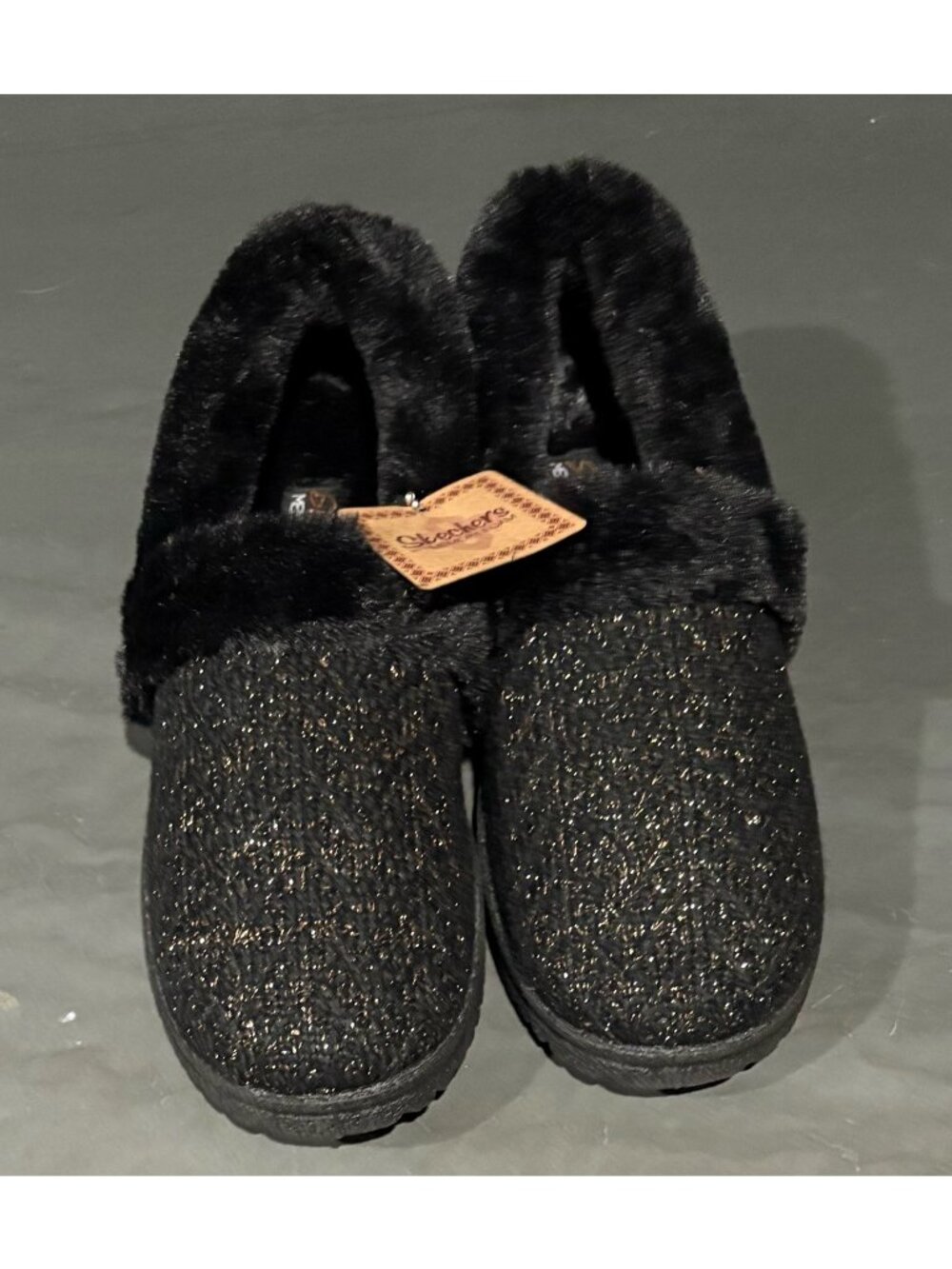 New Skechers Women's Slippers Cozy Lite Black Knit Faux Fur Lined Sz 9